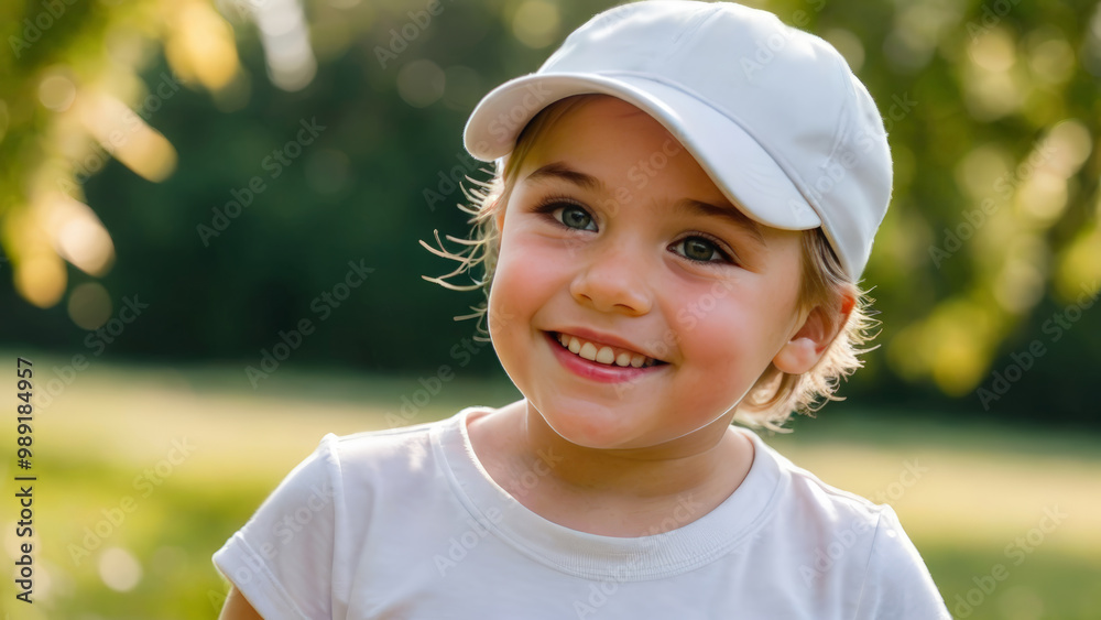 Little girl with short hair wearing white t-shirt and white baseball cap standing in nature Little girl with short hair wearing white t-shirt and white baseball cap standing in nature