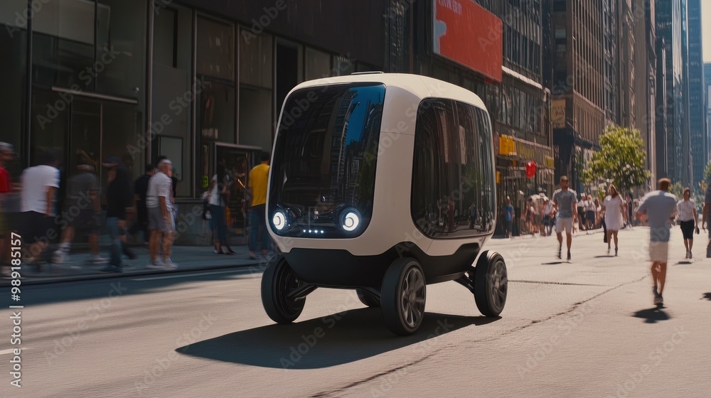 Fototapeta premium A self-driving delivery vehicle navigating a busy city street, pedestrians and modern buildings reflecting off its sleek design