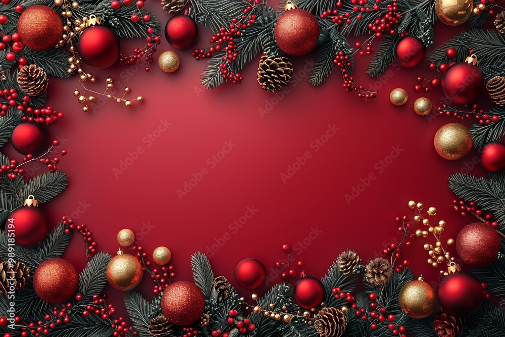 Elegant Holiday Decorations with Red Ornaments and Pinecones on a Red Background Elegant Holiday Decorations with Red Ornaments and Pinecones on a Red Background