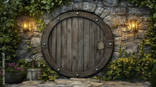 A shield made of thick wood with metal reinforcements, propped against a stone wall, torchlit ambiance photo