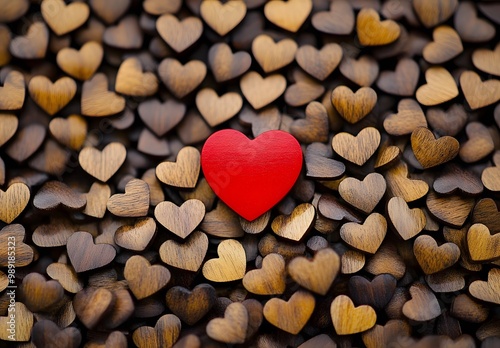 Red Heart Among Wooden Hearts Background