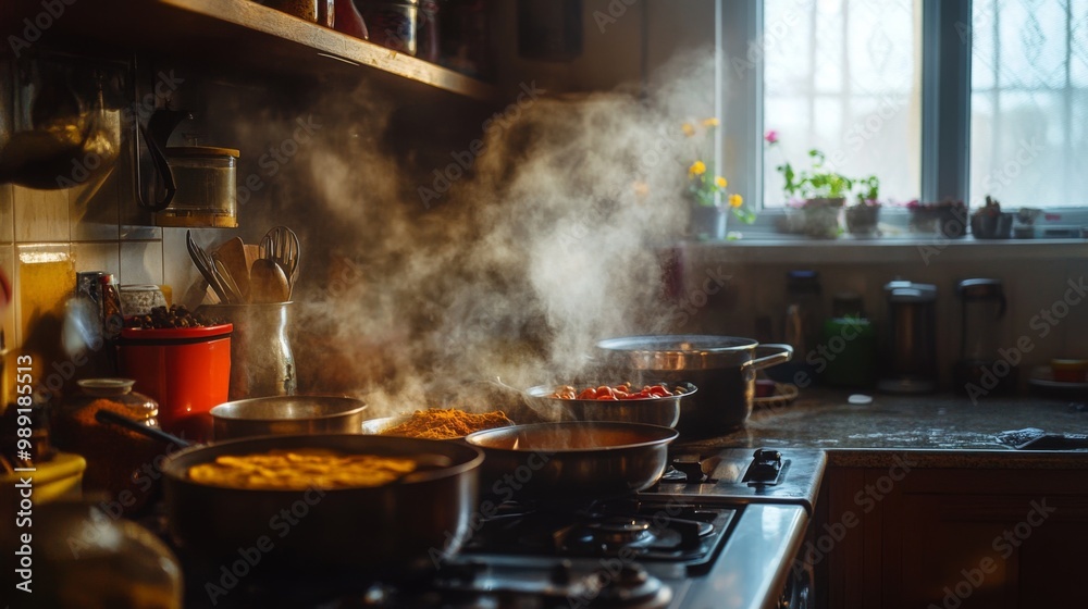 A serene kitchen with spices neatly organized, pots simmering on the stove, and a chef preparing a delicious Indian curry, illustrating the heart of home cooking. A serene kitchen with spices neatly organized, pots simmering on the stove, and a chef preparing a delicious Indian curry, illustrating the heart of home cooking.