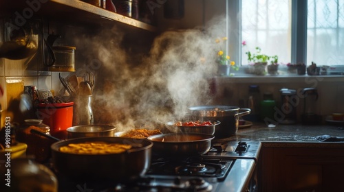 A serene kitchen with spices neatly organized, pots simmering on the stove, and a chef preparing a delicious Indian curry, illustrating the heart of home cooking.