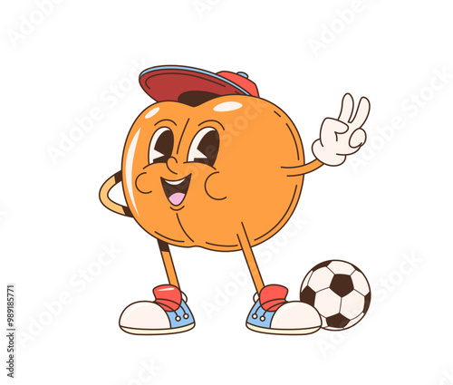 Retro cartoon groovy peach fruit character with soccer ball, showing peace sign and wearing a cap and sneakers. Isolated vector anthropomorphic ripe fruity and juicy football sportsman food personage