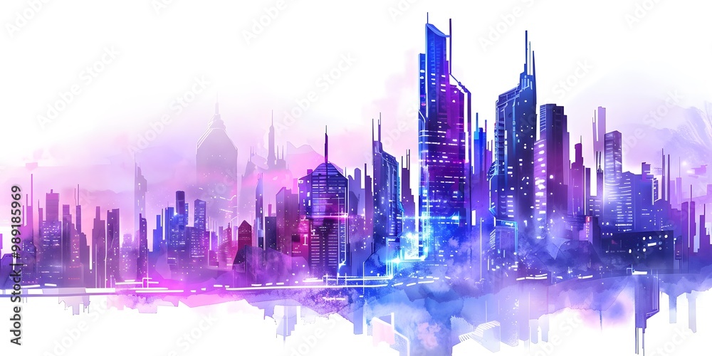 Obraz premium A vibrant, futuristic city skyline with skyscrapers, bathed in purple and blue hues against a soft, misty background.