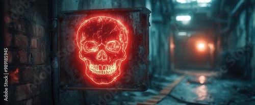 ominous skullshaped danger sign glowing in neon red against a dark industrial background with hazard stripes and eerie shadows photo