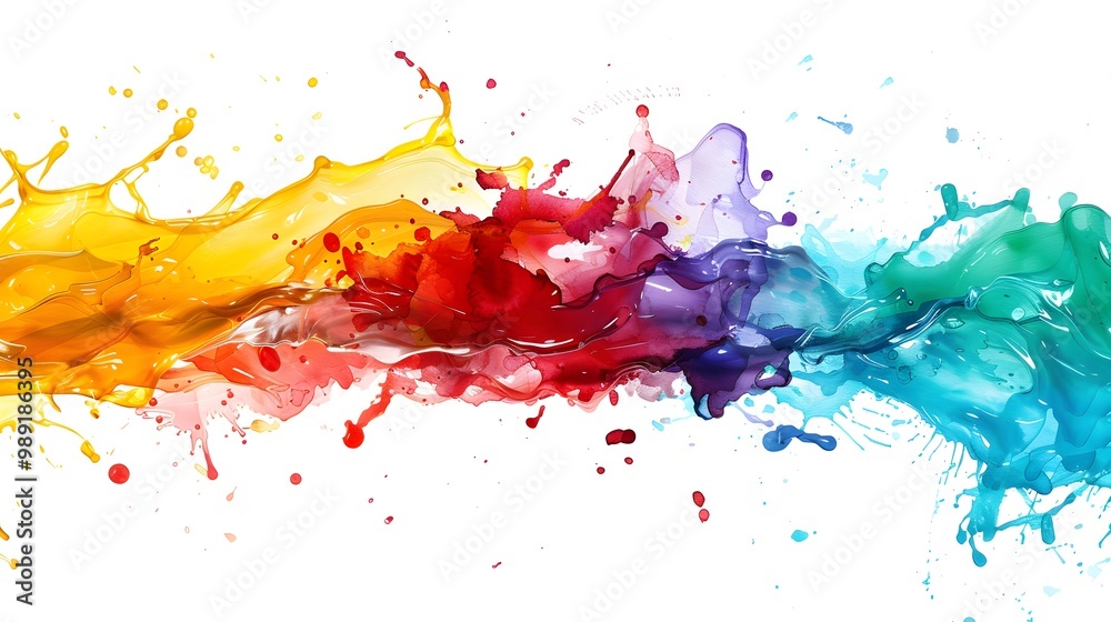 Fototapeta premium A vibrant splash of colorful paint blending together, showcasing a dynamic flow of yellow, red, purple, blue, and green hues against a white background.