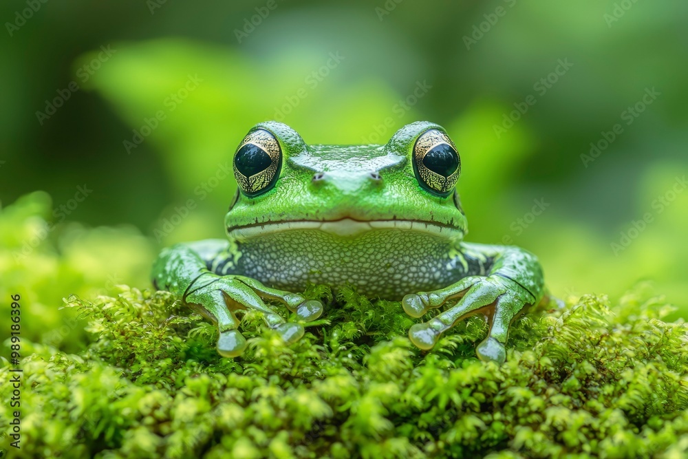 Fototapeta premium Green Tree Frog Perched on a Patch of Moss