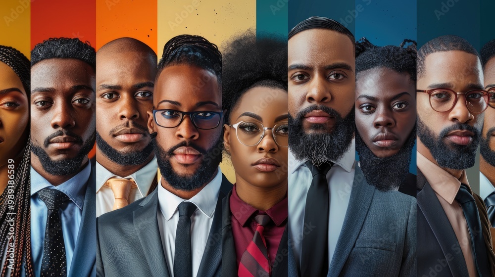 A collage of black business people, African American women and men in suits with beards or braids standing side by side. A collage of black business people, African American women and men in suits with beards or braids standing side by side.