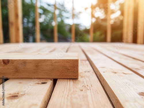 House under construction with a partially built deck, planks and beams around, deck building, outdoor living photo