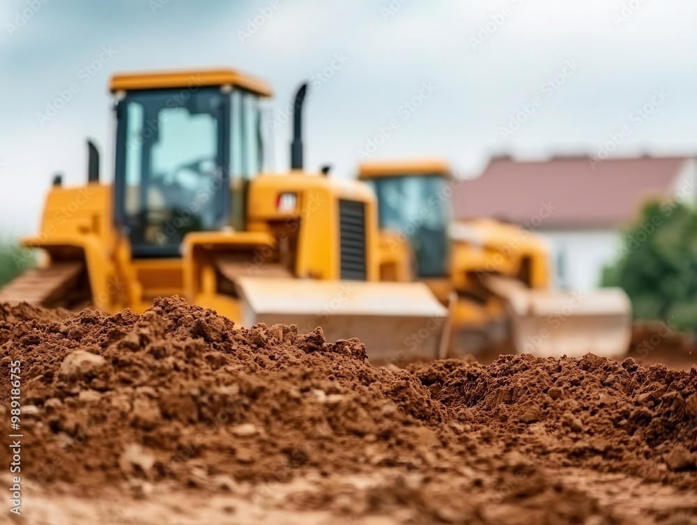 Home construction site with heavy machinery grading the land, preparing for landscaping, landscaping preparation, site development Home construction site with heavy machinery grading the land, preparing for landscaping, landscaping preparation, site development