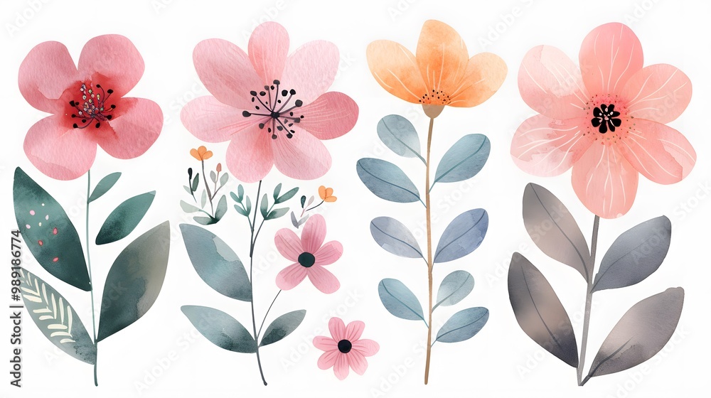 Fototapeta premium A colorful illustration of various flowers, featuring soft pinks and greens, showcasing delicate petals and leaves in an artistic arrangement.