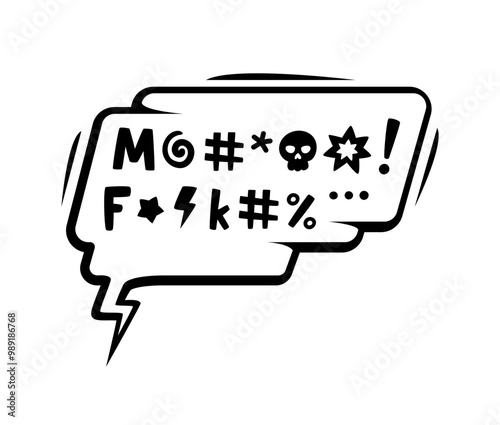 Comic swear curse in speech bubble, expletive angry bad word in message cloud, cartoon vector. Comic swear speech bubble with censored explicit text symbols for hate and anger emoji or yell scream