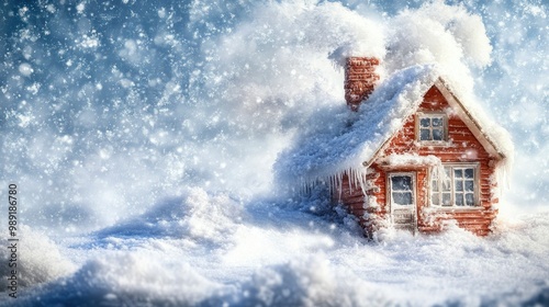 A snowstorm burying a small cabin in deep snow, thick flurries swirling in the air, freezing cold light