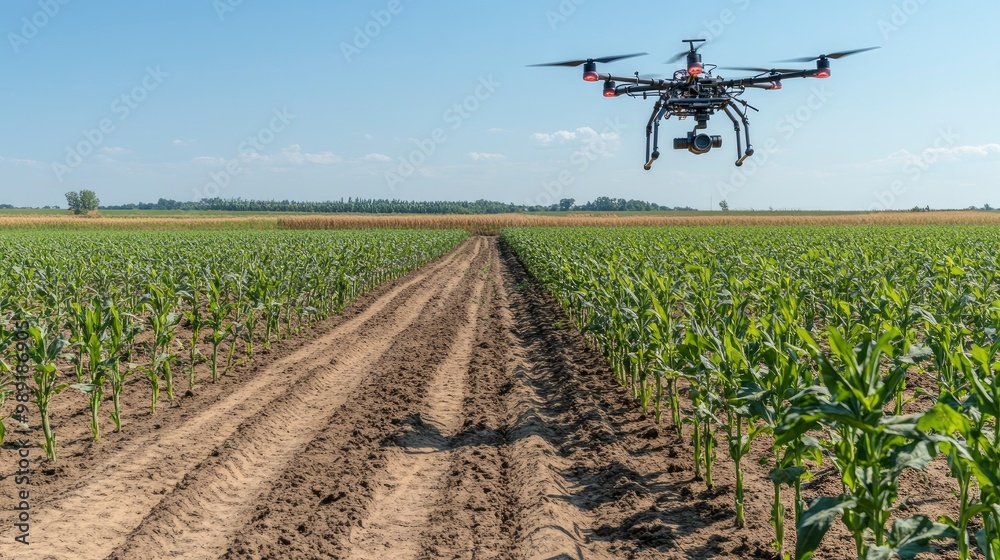 A solar-powered drone flying over vast farmland, monitoring crop health in real-time, clear skies and bright sunlight A solar-powered drone flying over vast farmland, monitoring crop health in real-time, clear skies and bright sunlight