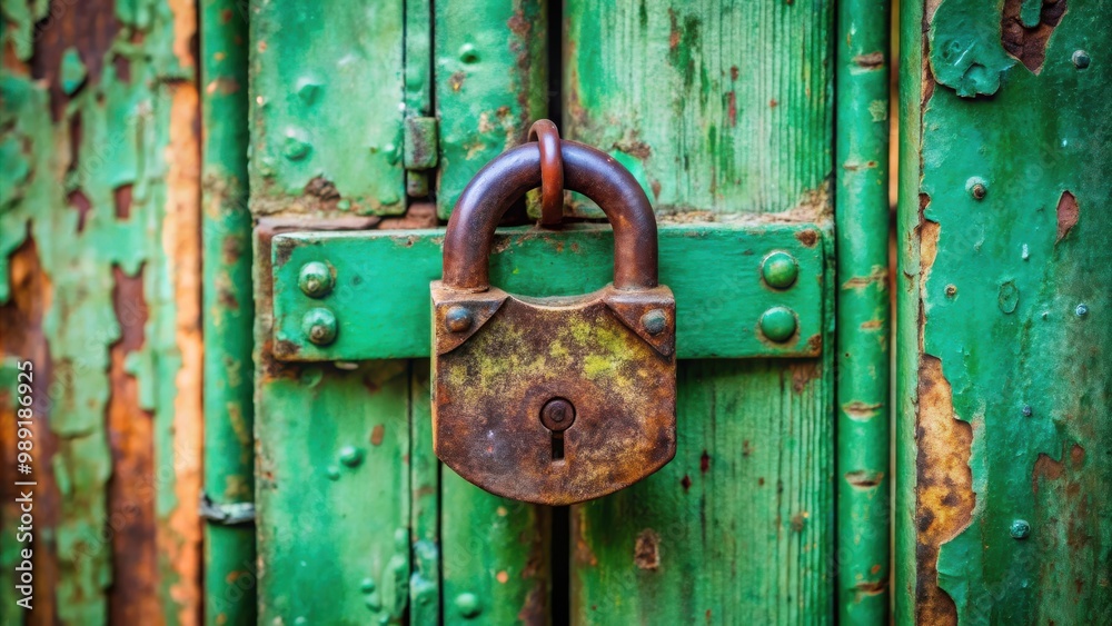 Old green enamel painted padlock on a closed gate with copy space Old green enamel painted padlock on a closed gate with copy space