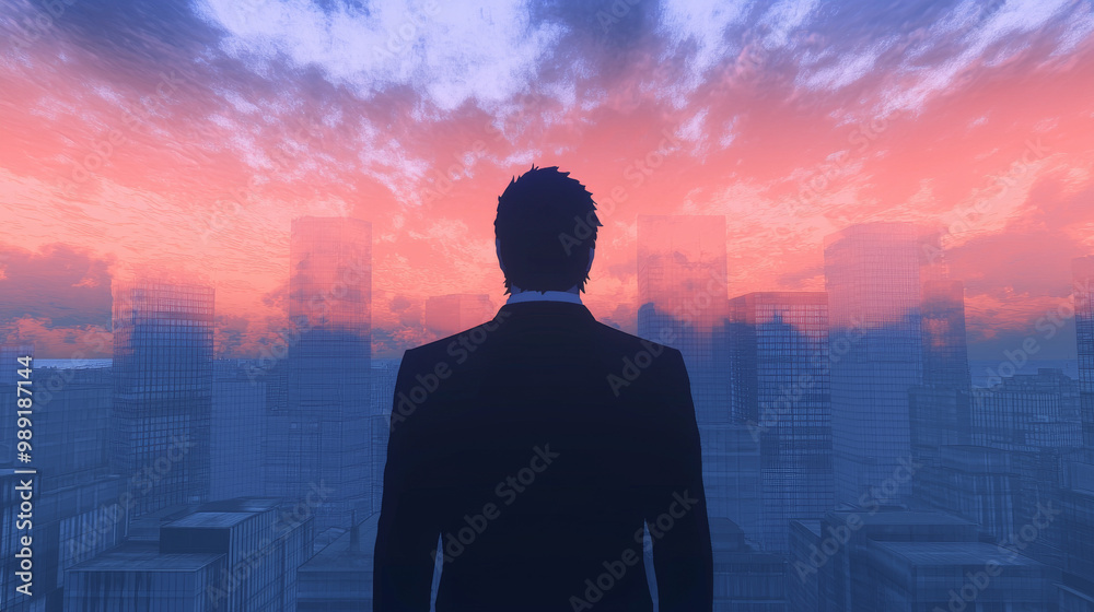 Businessman silhouetted against a city skyline at sunset. Businessman silhouetted against a city skyline at sunset.