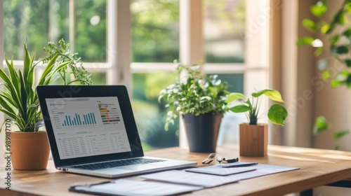 A serene workspace featuring a financial planner's desk with charts, a laptop, and a plant, highlighting the importance of organization in business finance.