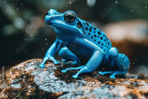 Blue Poison Dart Frog on Wet Rock with Blurred Background photo