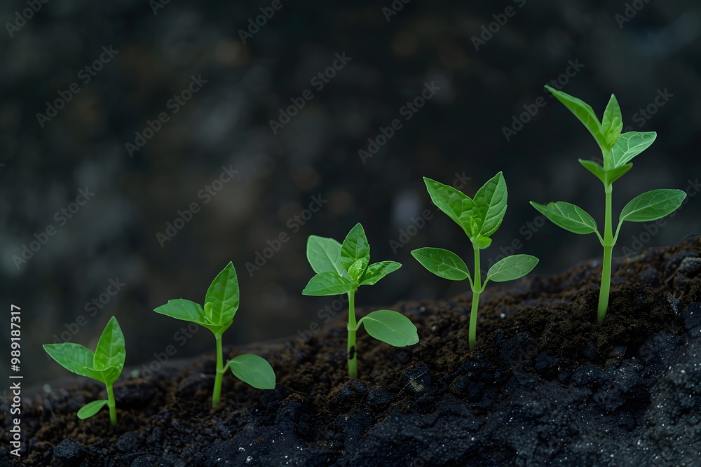 Five vibrant green seedlings grow in a line, symbolizing growth and renewal against a dark, textured background. Five vibrant green seedlings grow in a line, symbolizing growth and renewal against a dark, textured background.