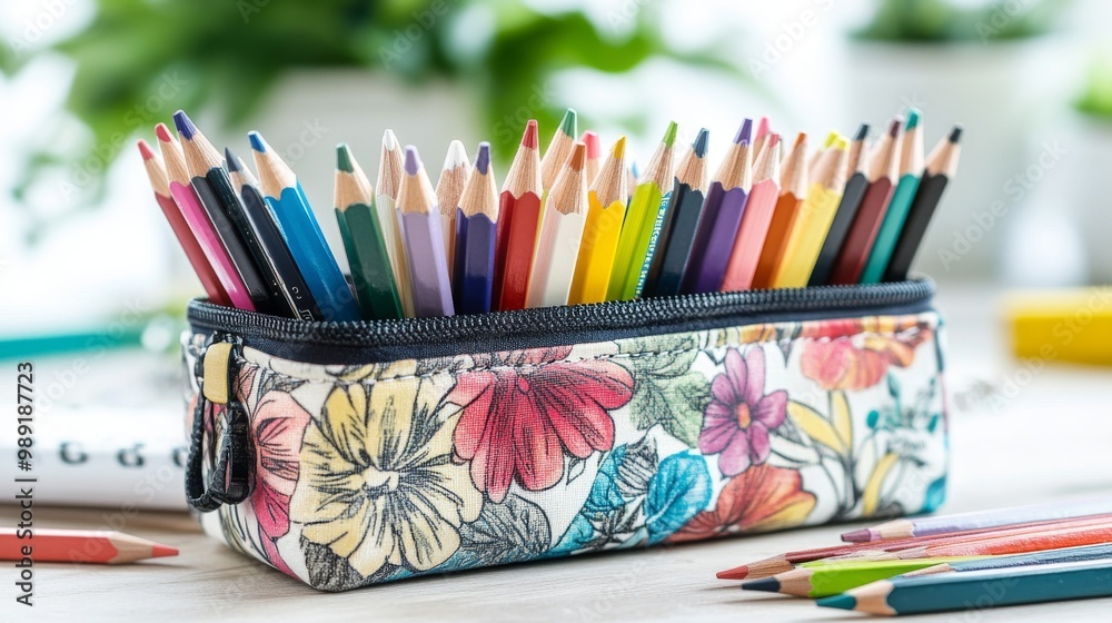 A set of colored pencils in a beautifully designed pencil case, surrounded by doodles and art supplies, emphasizing organization for aspiring artists. A set of colored pencils in a beautifully designed pencil case, surrounded by doodles and art supplies, emphasizing organization for aspiring artists.