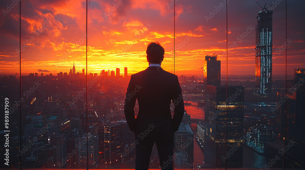 A man in a suit looks out over a cityscape at sunset. A man in a suit looks out over a cityscape at sunset.