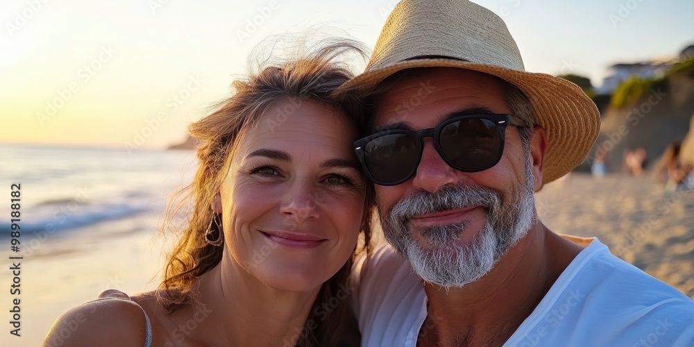 Close up portrait of mature man and woman model couple on the beach feeling lovely Close up portrait of mature man and woman model couple on the beach feeling lovely