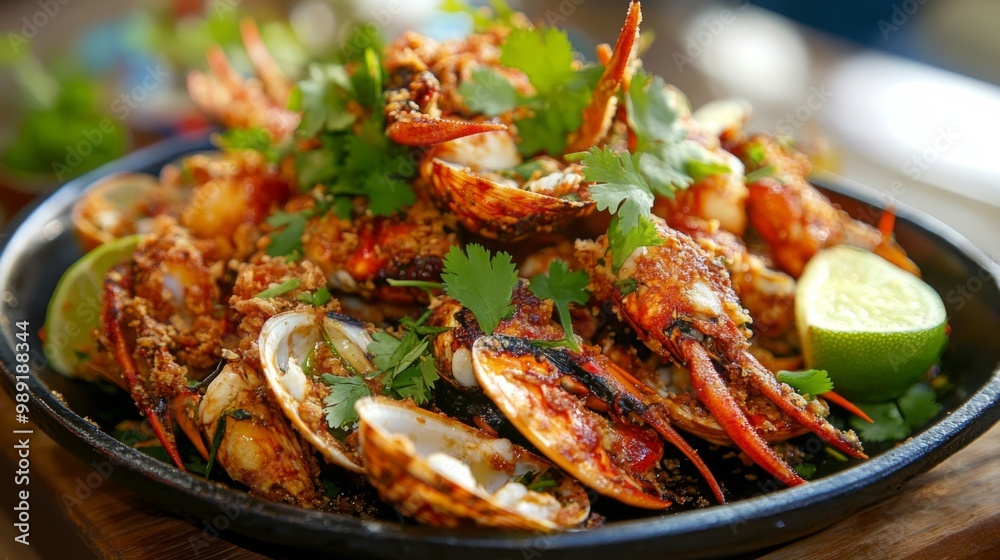 A sizzling plate of crispy fried shellfish served hot, garnished with fresh cilantro and lime wedges, highlighting the delicious textures and flavors of this popular Thai dish. A sizzling plate of crispy fried shellfish served hot, garnished with fresh cilantro and lime wedges, highlighting the delicious textures and flavors of this popular Thai dish.