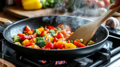 A sizzling hot pan on a stove, filled with colorful vegetables and spices, with steam rising and a wooden spatula ready for stirring, capturing the essence of cooking. photo