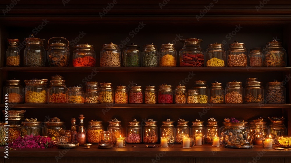 A traditional Ayurvedic medicine cabinet filled with jars of herbs, oils, and spices, softly illuminated by warm candlelight A traditional Ayurvedic medicine cabinet filled with jars of herbs, oils, and spices, softly illuminated by warm candlelight