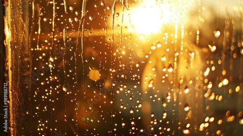 Raindrops on a Window Pane with a Sunset