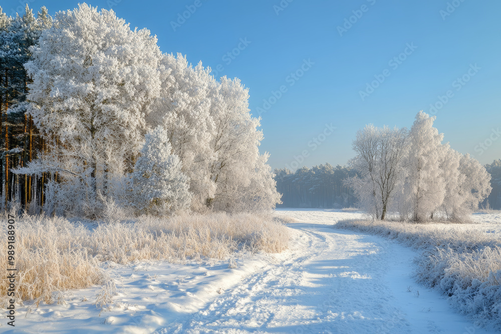 A beautiful winter landscape with trees covered in snow and rime, a field of white grass under the clear blue sky, a winding road leading to a forest, and sunlight creating shadows on the ground A beautiful winter landscape with trees covered in snow and rime, a field of white grass under the clear blue sky, a winding road leading to a forest, and sunlight creating shadows on the ground