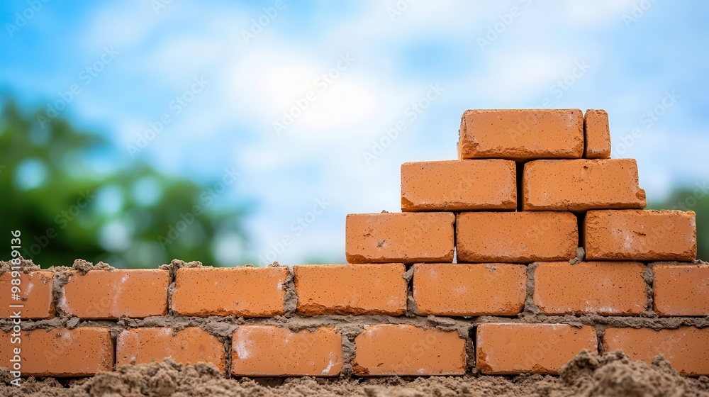 Obraz premium Close-up of a bricklayer building a wall, bricks and mortar in the foreground, bricklaying, building progress