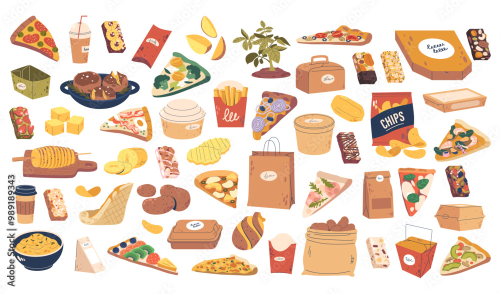 Collection Of Food Items Featuring Various Snacks And Dishes From Pizza Slices And Burgers To Fries And Desserts Collection Of Food Items Featuring Various Snacks And Dishes From Pizza Slices And Burgers To Fries And Desserts