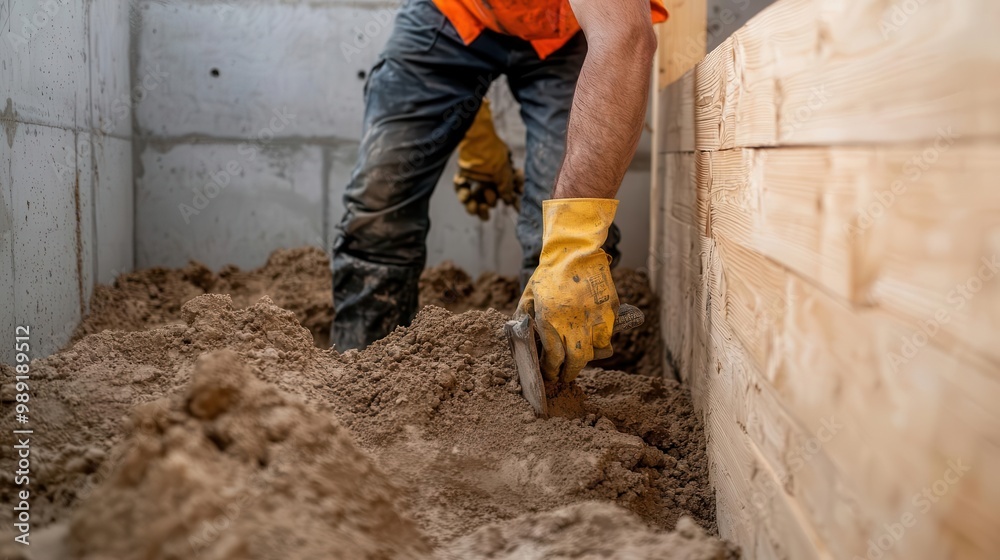 New home with only the basement complete, workers preparing for the next level, basement construction, initial phase New home with only the basement complete, workers preparing for the next level, basement construction, initial phase