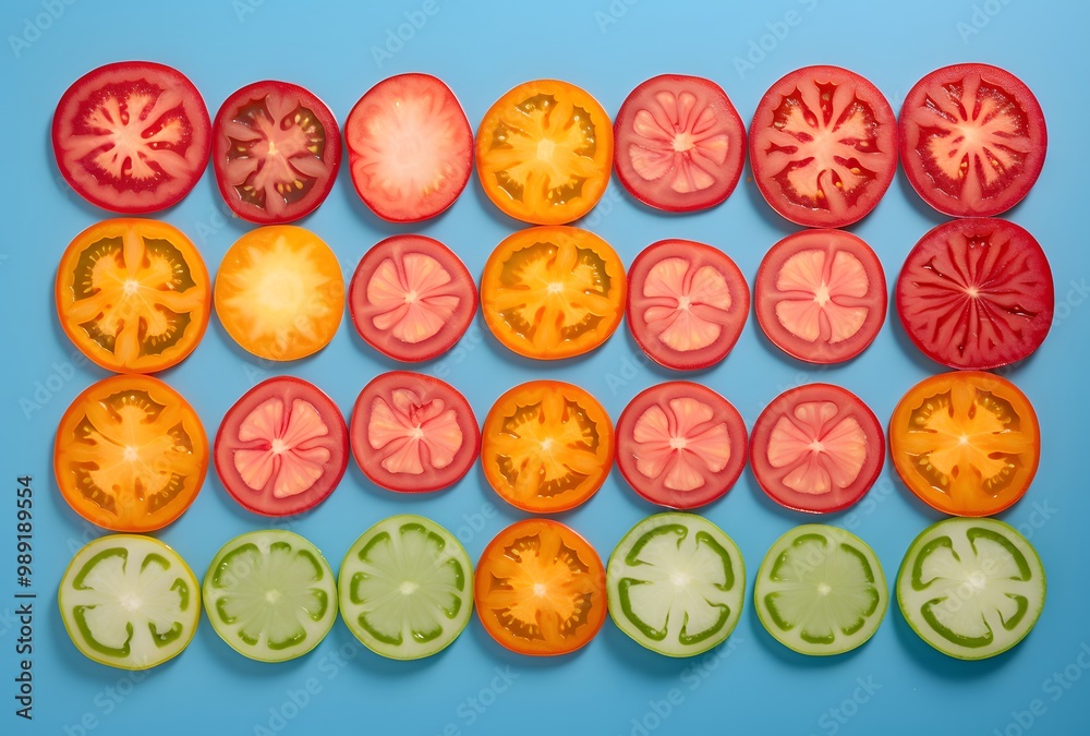 Fototapeta premium Colorful Tomato Slices Pattern on Blue Background
