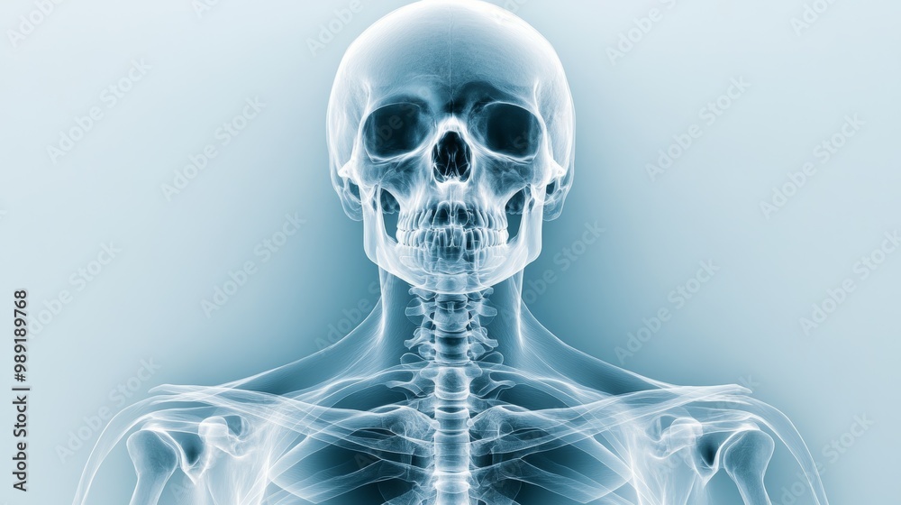 X-ray image displaying a detailed human skeleton with a transparent effect, showcasing anatomical features and structure. X-ray image displaying a detailed human skeleton with a transparent effect, showcasing anatomical features and structure.