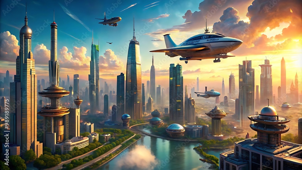 Futuristic Cityscape with Flying Vehicles, Digital Illustration
Futuristic Cityscape with Flying Vehicles, Digital Illustration