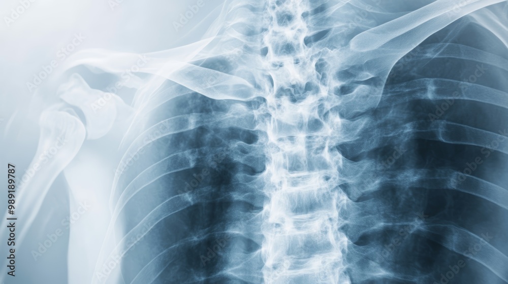 X-ray image showing detailed view of the human spine and surrounding skeletal structure for medical and educational use. X-ray image showing detailed view of the human spine and surrounding skeletal structure for medical and educational use.