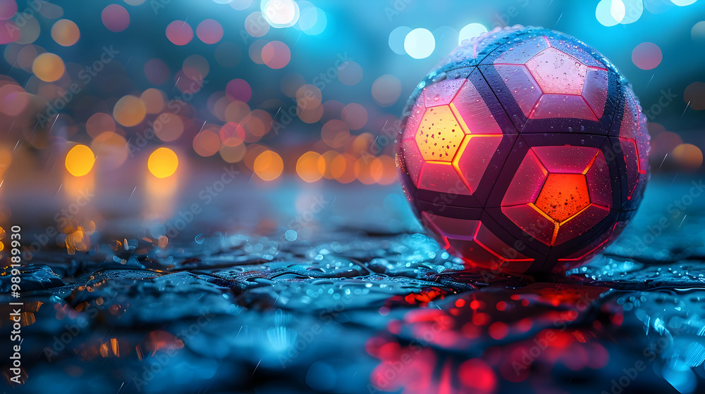 Naklejka premium Glowing Soccer Ball in the Rain - 3D Illustration