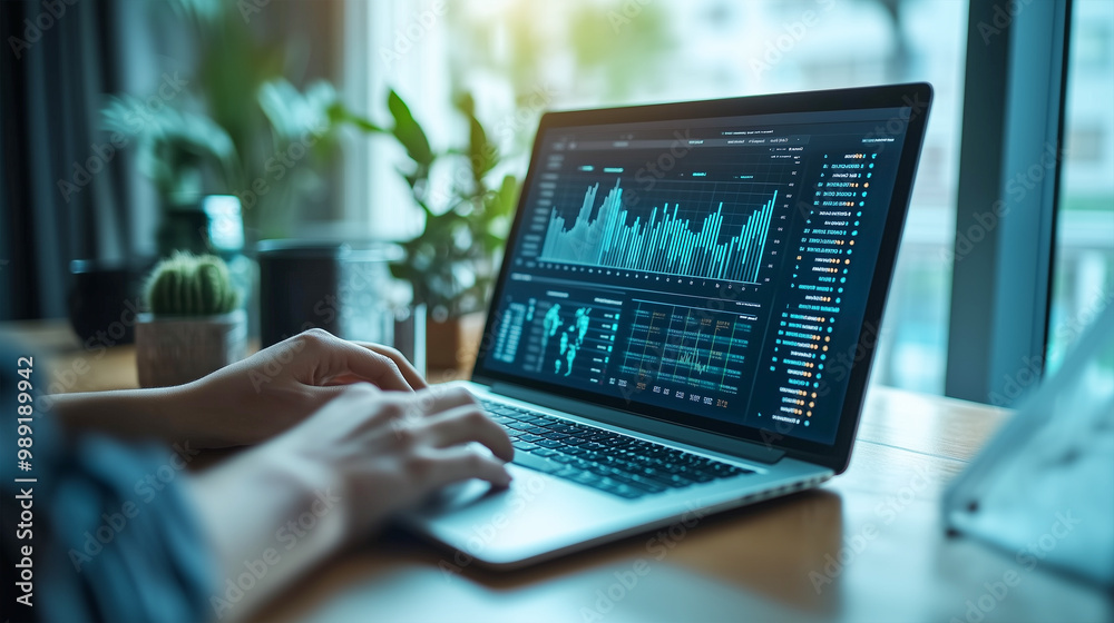 Hands typing on a laptop with graphs on the screen. Hands typing on a laptop with graphs on the screen.