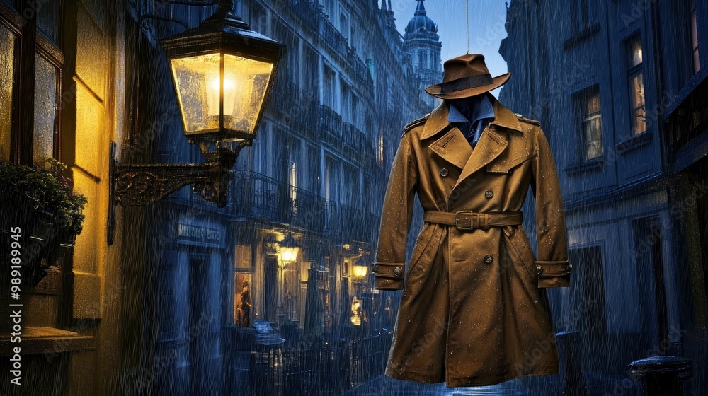 A trench coat with a belt, hanging on a streetlight in the rain, cool evening glow A trench coat with a belt, hanging on a streetlight in the rain, cool evening glow