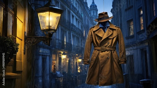 A trench coat with a belt, hanging on a streetlight in the rain, cool evening glow