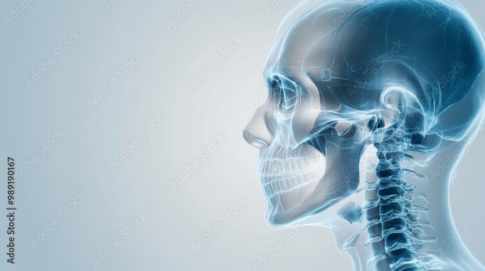 A detailed side view of a human skull and spine showcasing the intricacies of the skeletal structure. A detailed side view of a human skull and spine showcasing the intricacies of the skeletal structure.