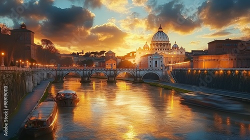 St. Peter's Basilica and Tiber River in Rome at Sunset - Panoramic View.