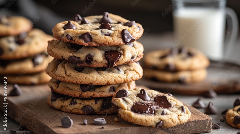 A stack of homemade chocolate chip cookies on a wooden cutting board, with melted chocolate chips oozing out, and a glass of milk in the background. A stack of homemade chocolate chip cookies on a wooden cutting board, with melted chocolate chips oozing out, and a glass of milk in the background.