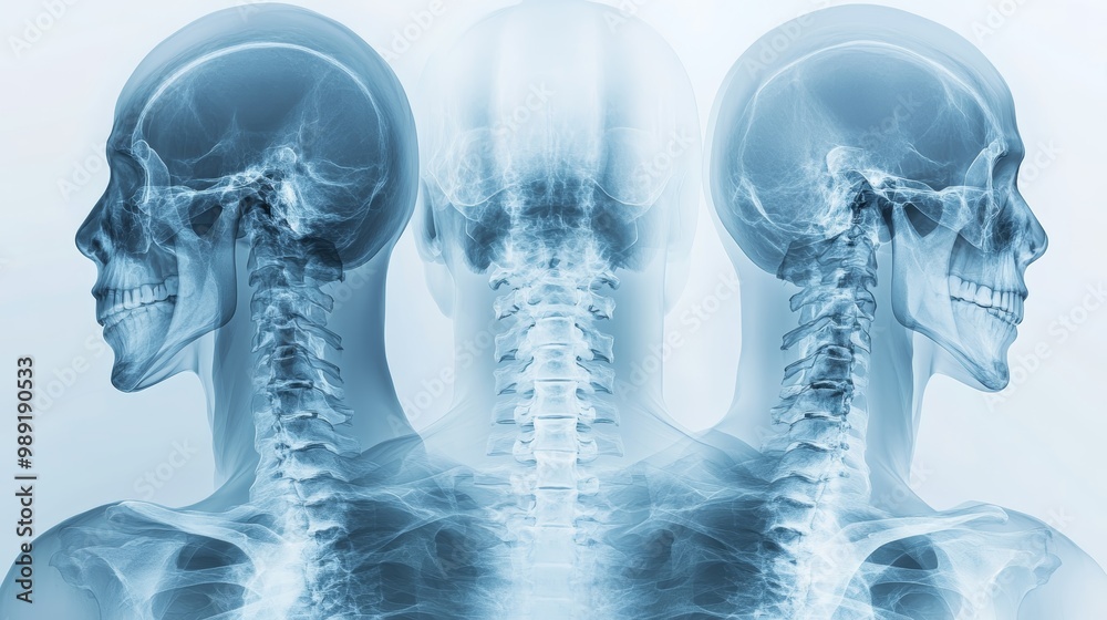 X-ray image showcasing detailed human skull and spine from three ...