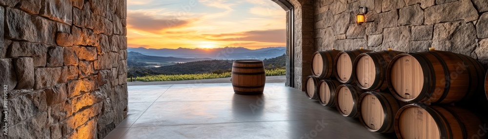 A serene winery view featuring wooden barrels and a stunning sunset over rolling hills, evoking tranquility and rustic charm. A serene winery view featuring wooden barrels and a stunning sunset over rolling hills, evoking tranquility and rustic charm.