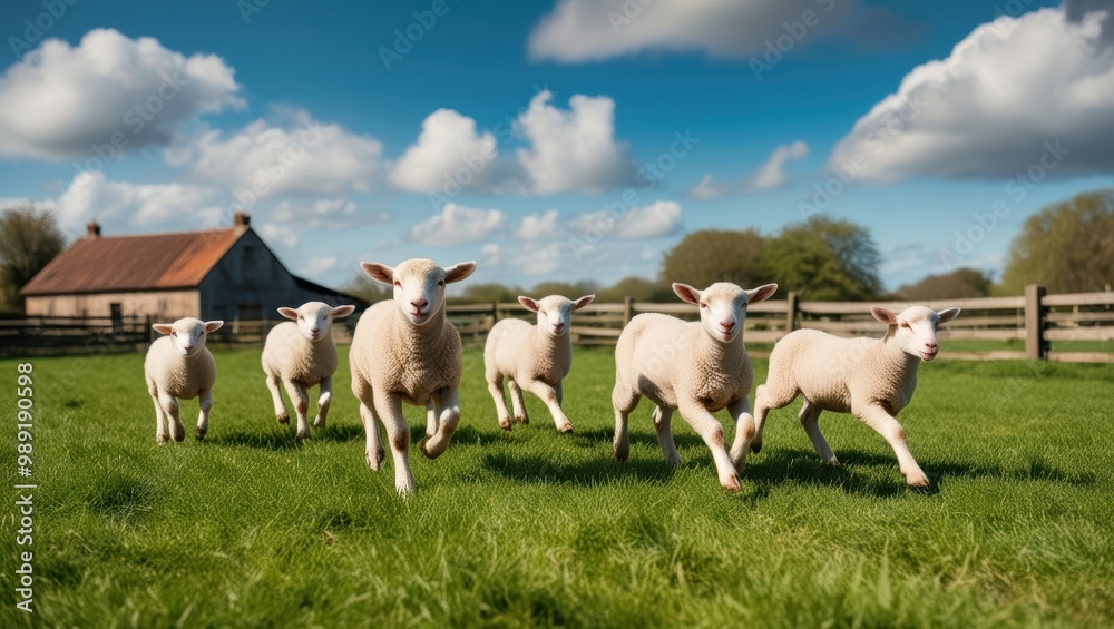 Obraz premium Five Lambs Running Through a Field
