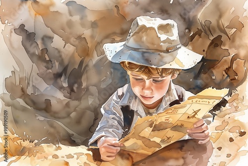 Young boy holding map on exciting treasure hunt adventure, X marks the spot, fun kids activities, watercolor illustration